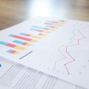  A close-up of a business report showing a stacked bar chart and a line graph with a title that reads "Business Items."